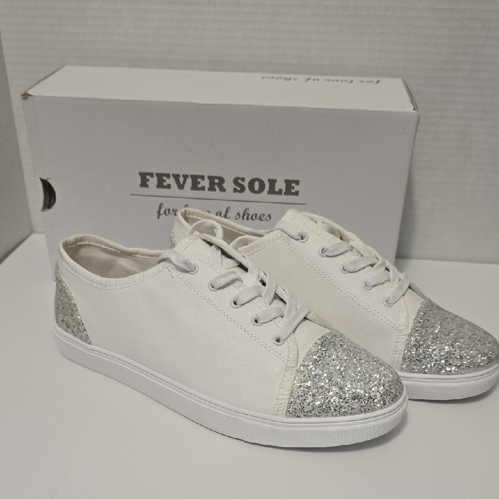 FEVER SOLE White and Ice Silver Sparkle Sneakers with Rubber Sole Wedding Bride